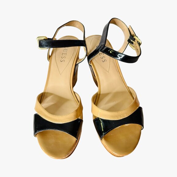 GUESS Cork Wedge Strappy Heels Black/Nude 7.5M - Picture 2 of 12
